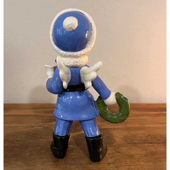 Vintage Holland Christmas Angel Figurine Blue Coat Bell Wreath Wings MCM - Picture 3 of 9